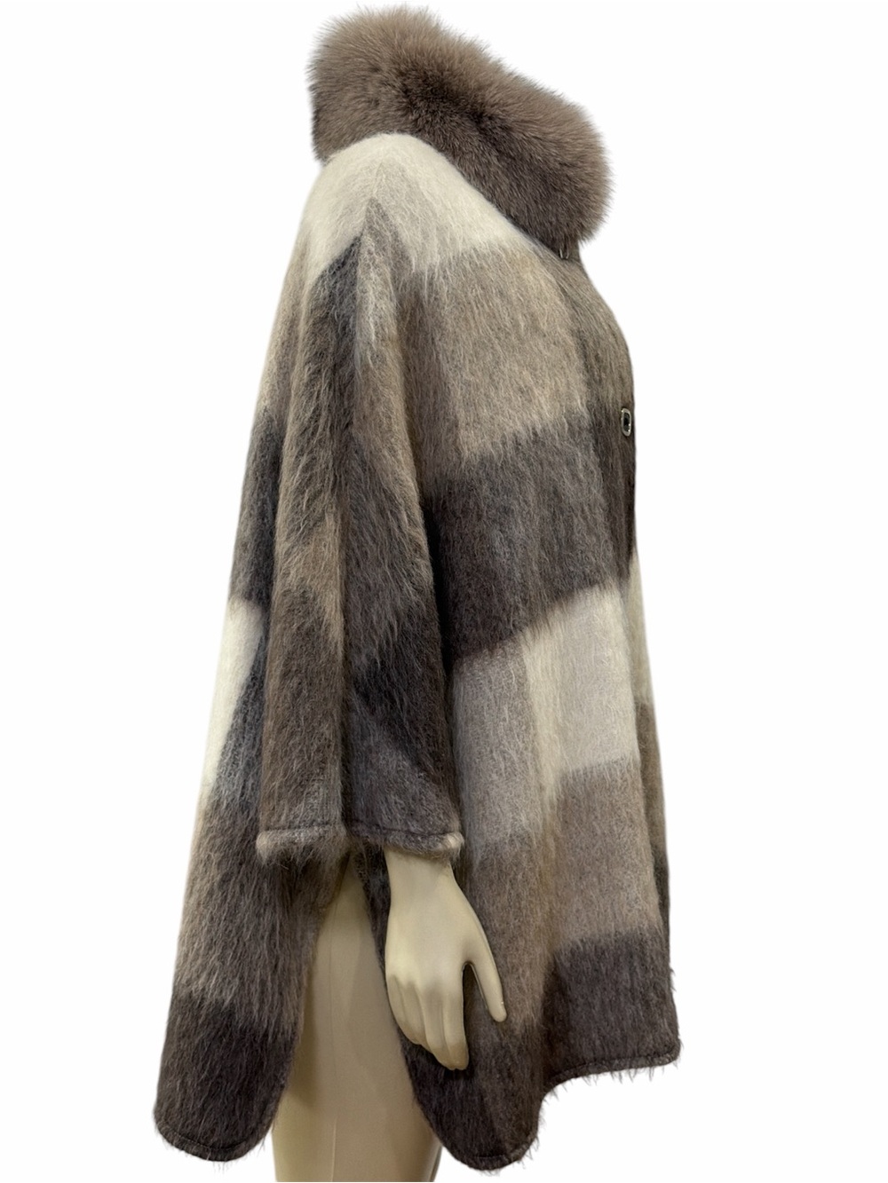 Women's Plaid  Fur Cape Coat in Brown and Cream - Picture 2 of 8